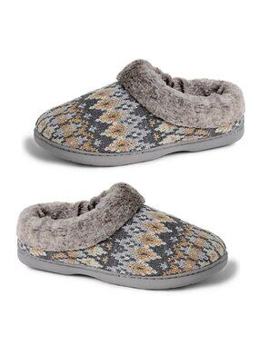 Women’s Sz Large 9-10 new Cozy Mountain Fairisle Knit-top Slippers Grey Blue Tan